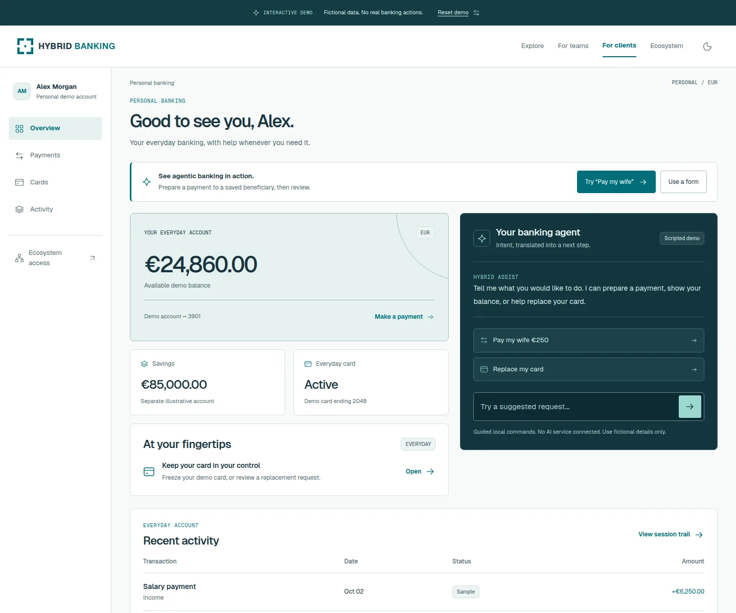 Preview of the client banking workspace with an account overview and guided assistant