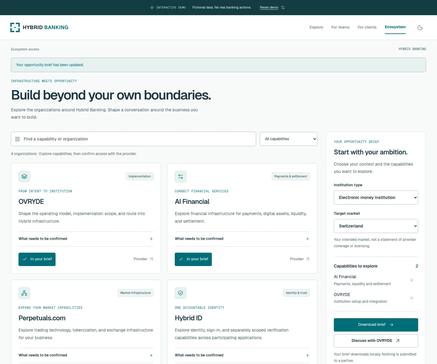 Hybrid ecosystem directory with implementation, payments, market infrastructure and identity partners, alongside a Swiss EMI opportunity brief with shortlisted capabilities.