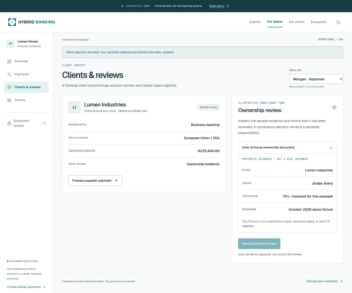 Employee view of fictional Lumen Industries with account context, ownership evidence and a control to record an evidence review.