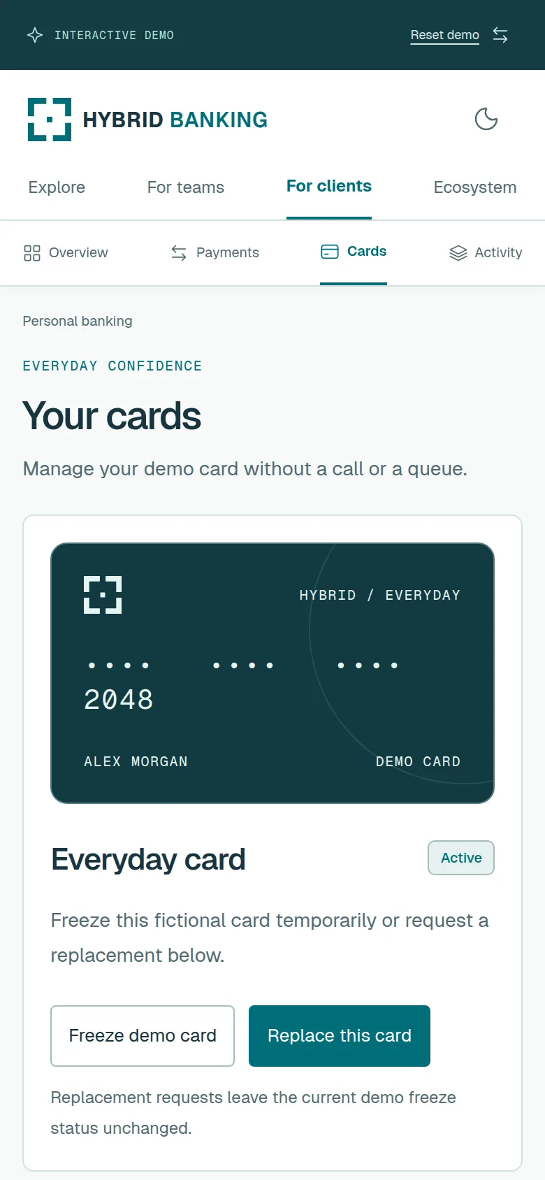 Mobile client card screen with freeze and replacement controls for a fictional card ending 2048.