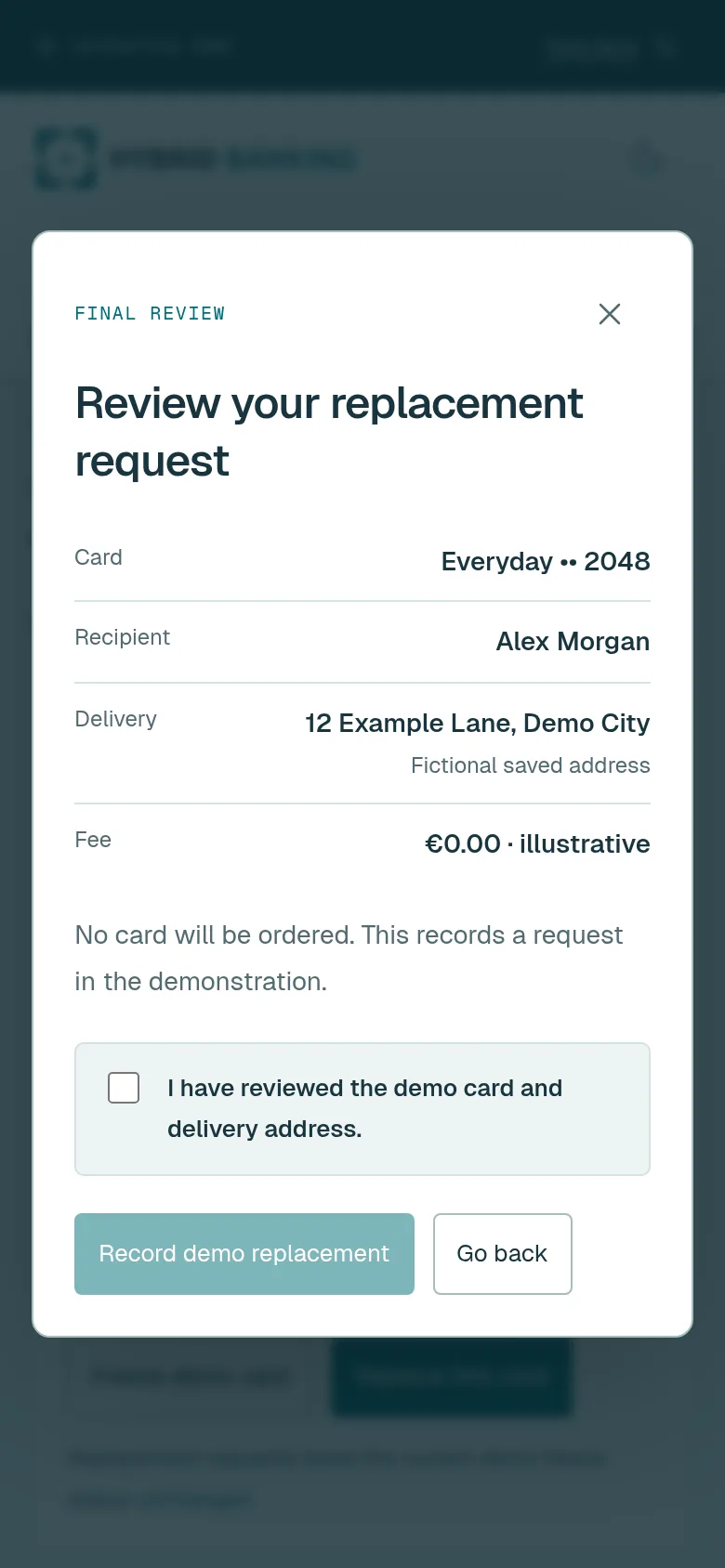 Mobile replacement-card review showing the selected card, fictional delivery address and explicit confirmation.